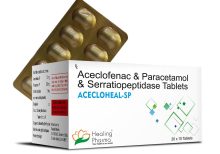 Aceclofenac 100mg + Paracetamol 325mg + Serratiopeptidase 15mg (Acecloheal SP ) – 10 Tablets